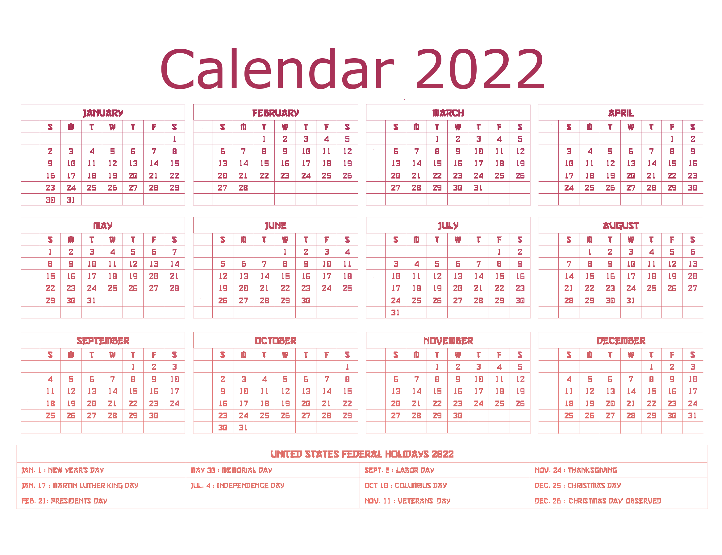 Calendar 2022 Year Download HQ PNG Image