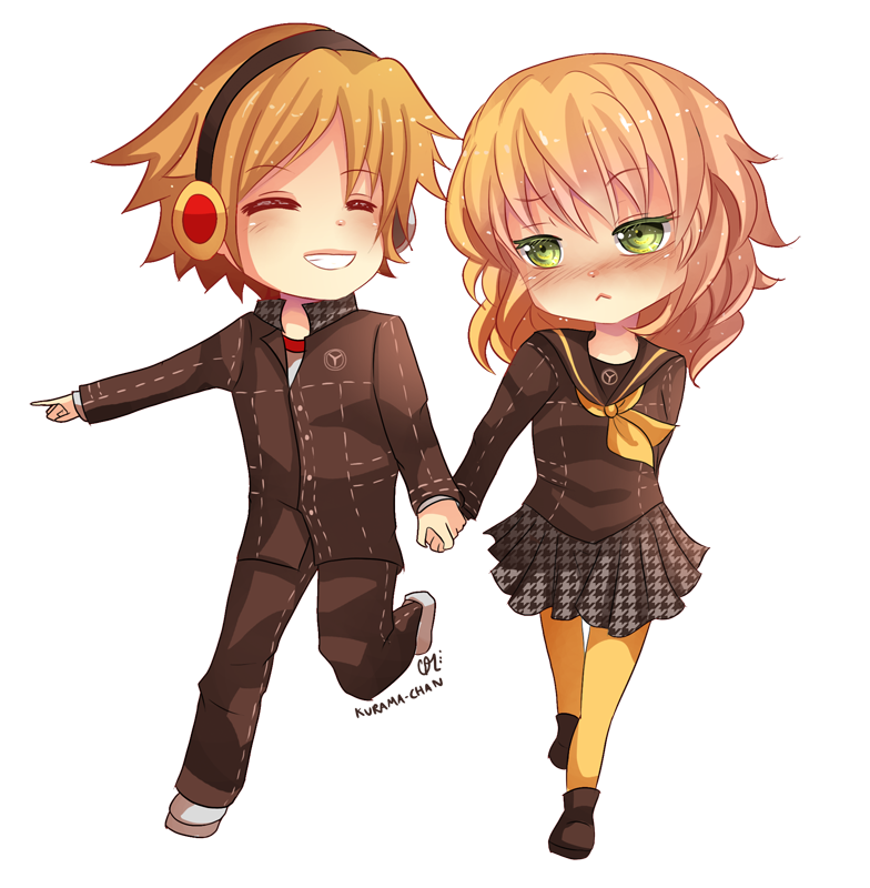 anime boy and girl holding hands chibi