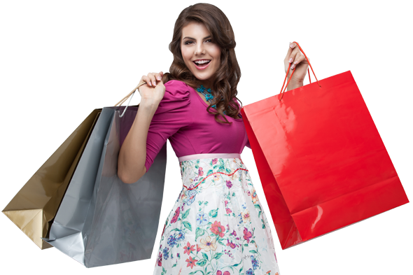 Fashion, shopping bags and portrait of woman isolated on a png background  in retail, designer clothes and cosmetics. Shopping, advertising and full  body of girl excited for promotion deal, sale and discount