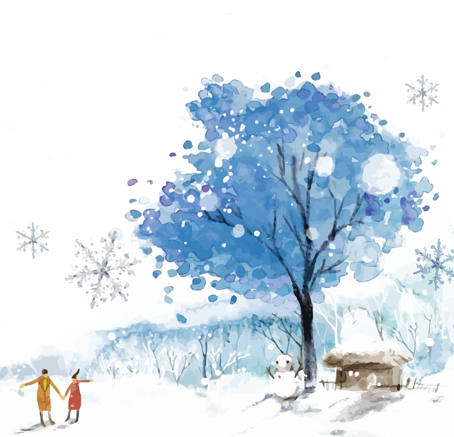 Blue Winter Sky Snow Watercolor Paint PNG Image