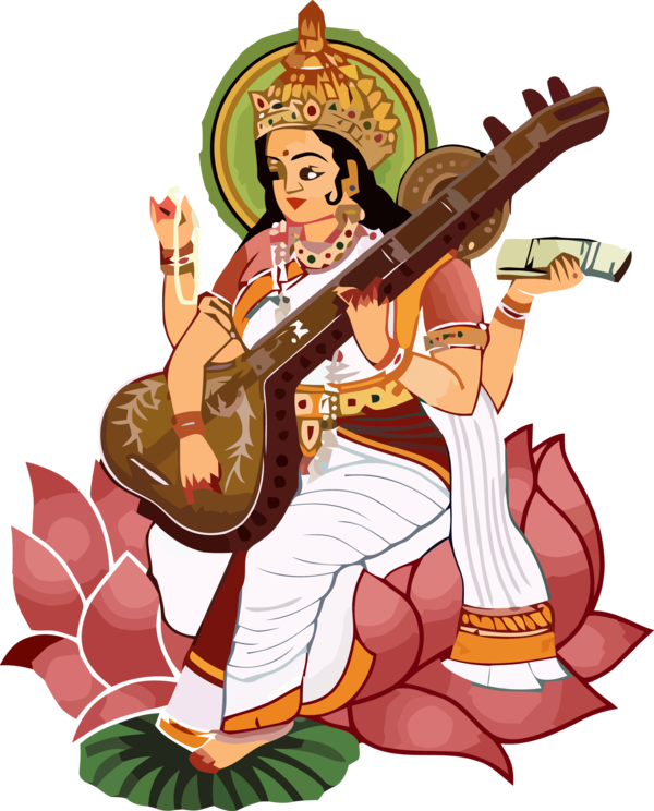 Vasant Panchami Cartoon Veena String Instrument For Happy Fireworks PNG Image